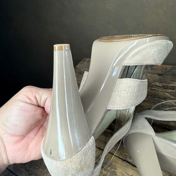 Michael Kors Taupe Suede Strappy Heels Women’s 9.5M Gold Zip Front Peep Toe Pump - Picture 10 of 12